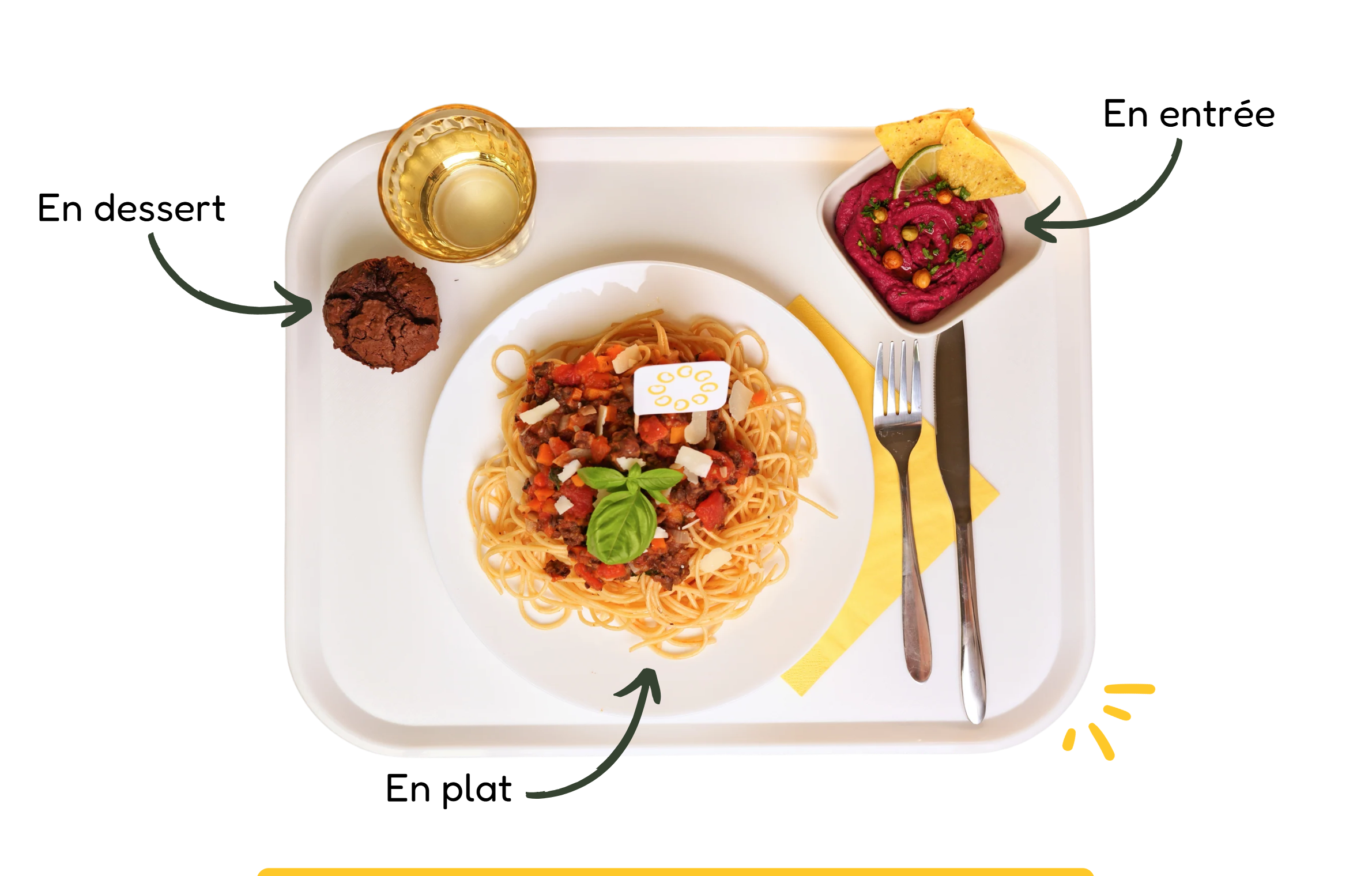 Plateau complet : houmous de betterave en entrée, spaghettis bolognaise végétale en plat, moelleux au chocolat en dessert